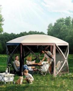12X12 Foot Outdoor Camping Gazebo, with Mesh Screen, Portable Hexagon Pop-Up Gazebo - Instant Setup, Waterproof Privacy Canopy Curtain Universal for Outside Tents