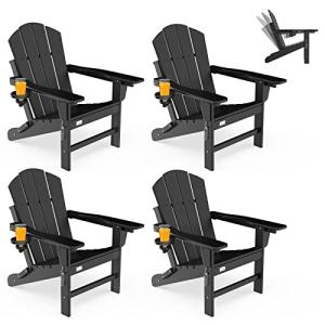 Mdeam 3-Level Adjustable Adirondack Chair Set of 4, Wooden Textured, HDPE All-Weather Folding Fire Pit Chair with Cup Holder, Outdoor Chair for Poolside Deck Patio Garden Backyard Campfire - Black