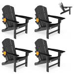 Mdeam 3-Level Adjustable Adirondack Chair Set of 4, Wooden Textured, HDPE All-Weather Folding Fire Pit Chair with Cup Holder, Outdoor Chair for Poolside Deck Patio Garden Backyard Campfire - Black