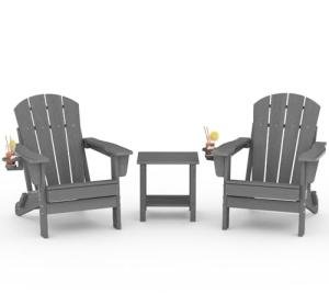 Folding Adirondack Chair Set of 2 with Side Table, All-Weather HDPE Outdoor Chair, Wooden Textured with Cup Holder for patios, Decks, Gardens, fire pits, Grey