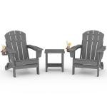 Folding Adirondack Chair Set of 2 with Side Table, All-Weather HDPE Outdoor Chair, Wooden Textured with Cup Holder for patios, Decks, Gardens, fire pits, Grey