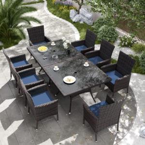 Kurapika 10-Piece Patio Furniture Outdoor Dining Set, Wicker Rattan Patio Dining Table and Chairs Set, Square Tempered Glass Tabletop with Umbrella Hole and 8 Chair Set, for Patio, Backyard, Navy Blue