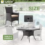 ALAULM 5 Piece Patio Dining Set All-Weather Wicker Outdoor Furniture Set w/Tempered Glass Tabletop, Removable Cushions and Umbrella Hole for Patio, Backyard, Garden, Poolside（Brown）