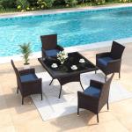 Gotland 5 Piece Outdoor Dining Set, All-Weather Rattan Patio Furniture Set with Umbrella Hole Tempered Glass Square Table, Outdoor Table and Chairs with Removable Cushions for Backyard, Deck, Navy