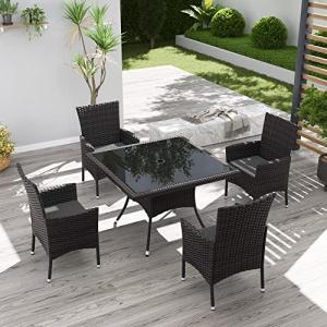 Kurapika 5-Piece Patio Furniture Outdoor Dining Set, Wicker Rattan Patio Dining Table and 4 Chairs Set, Square Tempered Glass Tabletop with Umbrella Hole, Grey