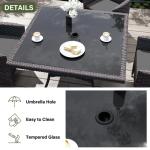 Kurapika 5-Piece Patio Furniture Outdoor Dining Set, Wicker Rattan Patio Dining Table and 4 Chairs Set, Square Tempered Glass Tabletop with Umbrella Hole, Grey