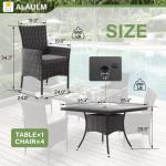 ALAULM 5 Piece Patio Dining Set All-Weather Wicker Outdoor Furniture Set w/Tempered Glass Tabletop, Removable Cushions and Umbrella Hole for Patio, Backyard, Garden, Poolside（Grey）