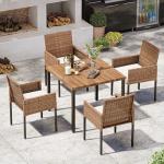 LAUSAINT HOME 5 Pieces All-Weather Outdoor Patio Dining Set, Wicker Rattan Furniture with 4 Chairs & Square Table with Umbrella Hole for Garden, Backyard, Lawn, Beige