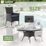 ALAULM 5 Piece Patio Dining Set All-Weather Wicker Outdoor Patio Furniture Set w/Tempered Glass Tabletop, Removable Cushions and Umbrella Hole for Patio, Backyard, Garden, Poolside（Dark Blue）