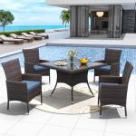 ALAULM 5 Piece Patio Dining Set All-Weather Wicker Outdoor Furniture Set w/Tempered Glass Tabletop, Removable Cushions and Umbrella Hole for Patio, Backyard, Garden, Poolside（Navy）