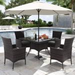 Kurapika 5-Piece Patio Furniture Outdoor Dining Set, Wicker Rattan Patio Dining Table and 4 Chairs Set, Square Tempered Glass Tabletop with Umbrella Hole, Grey