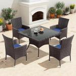 Gotland 5 Piece Outdoor Dining Set, All-Weather Rattan Patio Furniture Set with Umbrella Hole Tempered Glass Square Table, Outdoor Table and Chairs with Removable Cushions for Backyard, Deck, Navy