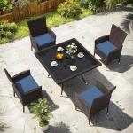 Gotland 5 Piece Outdoor Dining Set, All-Weather Rattan Patio Furniture Set with Umbrella Hole Tempered Glass Square Table, Outdoor Table and Chairs with Removable Cushions for Backyard, Deck, Navy