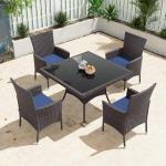 Gotland 5 Piece Outdoor Dining Set, All-Weather Rattan Patio Furniture Set with Umbrella Hole Tempered Glass Square Table, Outdoor Table and Chairs with Removable Cushions for Backyard, Deck, Navy