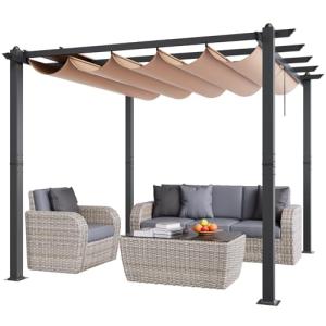 VEVOR 10'x10' Outdoor Retractable Pergola with Canopy, Aluminum Pergola with Retractable Canopy, Modern Style, Sun Shade (Beige)