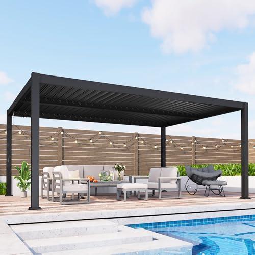 FansaFurn Louvered Pergola 12' x 16' with Adjustable Louvers Roof and Gutter System