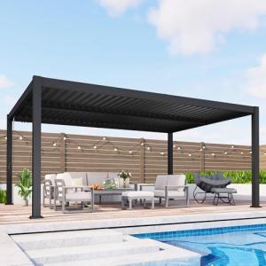 FansaFurn Louvered Pergola 12' x 16' with Adjustable Louvers Roof and Gutter System