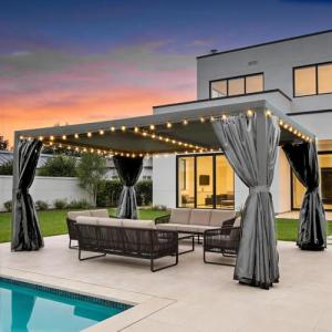 Domi 12x16FT Louvered Pergola Aluminum Structure Outdoor Pergola with Adjustable Roof Patio Pergola for Backyard Garden, Curtains and Netting, Dark Gray