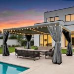 Domi 12x16FT Louvered Pergola Aluminum Structure Outdoor Pergola with Adjustable Roof Patio Pergola for Backyard Garden, Curtains and Netting, Dark Gray