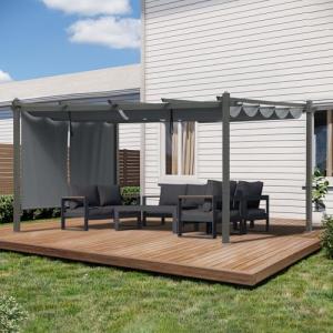 BPS 12x16 FT Outdoor Pergola - Retractable Shade Canopy with Aluminum Frame & Roller Shade Curtains for Patio, Backyard, or Deck, Gray