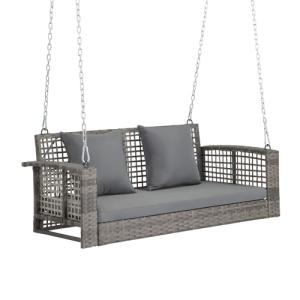 VINGLI 4 FT Rattan Porch Swing Outdoor Support 800 LBS with Cushions & Adjustable Chains, Patio Wicker Swing Bench Chair for Garden, Yard, Lawn, Tree, Grey