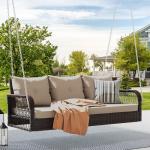 DWVO 3 Seats Porch Swing Hanging Bench Swing Outdoor Wicker Patio Swing Lounge Front Rattan 794lbs for Garden, Balcony, Brown&Beige