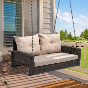 YITAHOME Wicker Hanging Porch Swing Chair Outdoor Brown Rattan Patio Swing Lounge w/ 2 Back Cushions Capacity 530lbs for Garden, Balcony, Living Room, Beige