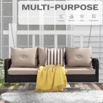 DWVO 3 Seats Porch Swing Hanging Bench Swing Outdoor Wicker Patio Swing Lounge Front Rattan 794lbs for Garden, Balcony, Brown&Beige