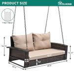 YITAHOME Wicker Hanging Porch Swing Chair Outdoor Brown Rattan Patio Swing Lounge w/ 2 Back Cushions Capacity 530lbs for Garden, Balcony, Living Room, Beige