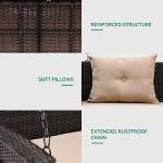 YITAHOME Wicker Hanging Porch Swing Chair Outdoor Brown Rattan Patio Swing Lounge w/ 2 Back Cushions Capacity 530lbs for Garden, Balcony, Living Room, Beige