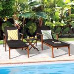 Tangkula 3 Pieces Lounge Chair Set, Outdoor Rattan Chaise Lounge with 4 Adjustable Backrest, Acacia Wood Frame,Foldable Side Table, Patio Furniture for Lawn, Backyard, Poolside (Mix Brown)