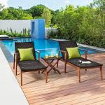 Tangkula 3 Pieces Lounge Chair Set, Outdoor Rattan Chaise Lounge with 4 Adjustable Backrest, Acacia Wood Frame,Foldable Side Table, Patio Furniture for Lawn, Backyard, Poolside (Mix Brown)