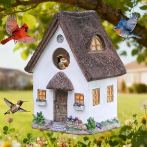 Bird Houses for Outside Rustic Cottage Birdhouse with Thatch Roof – Hand-Painted Resin Birdhouses for Outdoors for Bluebird Finches Cardinals Bird Nesting Garden, Patio, Yard