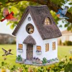 Bird Houses for Outside Rustic Cottage Birdhouse with Thatch Roof – Hand-Painted Resin Birdhouses for Outdoors for Bluebird Finches Cardinals Bird Nesting Garden, Patio, Yard