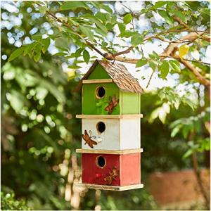 Glitzhome Bird Houses for Outside, 13.75" H Multicolored Three-Tiered Distressed Solid Wood Birdhouse Garden Hanging Bird House for Outdoors