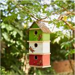 Glitzhome Bird Houses for Outside, 13.75" H Multicolored Three-Tiered Distressed Solid Wood Birdhouse Garden Hanging Bird House for Outdoors