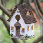 Bird Houses for Outside Rustic Cottage Birdhouse with Thatch Roof – Hand-Painted Resin Birdhouses for Outdoors for Bluebird Finches Cardinals Bird Nesting Garden, Patio, Yard