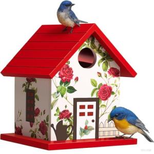 Spring Melody Bird House, Composite Material Nesting Box, Hanging Birdhouse for Blue Bird, Squirrel Proof Birdhouse for Outside, 10 Years Water Proof Weatherable Pole Mountable Bird House (Red)