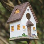 Bird Houses for Outside Rustic Cottage Birdhouse with Thatch Roof – Hand-Painted Resin Birdhouses for Outdoors for Bluebird Finches Cardinals Bird Nesting Garden, Patio, Yard