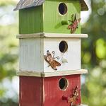Glitzhome Bird Houses for Outside, 13.75" H Multicolored Three-Tiered Distressed Solid Wood Birdhouse Garden Hanging Bird House for Outdoors