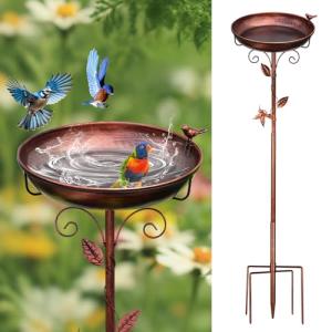 GRECOMEIN Metal Bird Bath for Outside with 2 Bird Decor, Hummingbird on Pole & Sparrow on Bowl, 38.5 Inch Height Garden Birdbath, 12 Inch Antique Bronze Freestanding Birdfeeder Bath for Yard Patio
