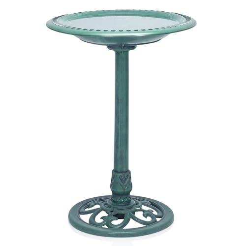 Alpine Corporation TEC116 Outdoor Aged Green Pedestal Birdbath with Scrollwork, 28" Tall, Green