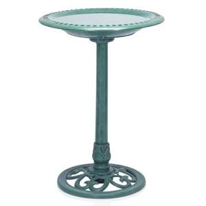 Alpine Corporation TEC116 Outdoor Aged Green Pedestal Birdbath with Scrollwork, 28" Tall, Green