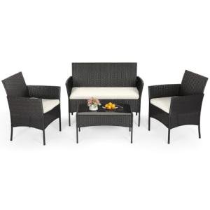 FDW | 4-Piece Patio Furniture Set | Black | Outdoor Wicker Furniture with Coffee Table | Modern Rattan Chairs Conversation Set | Outdoor Seating | Weather-Resistant | for Porch, Garden, Lawn