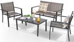 Shintenchi 4 Pieces Patio Furniture Set All Weather Textile Fabric Outdoor Conversation Set, with Glass Coffee Table, Loveseat, 2 Single Chairs for Home, Garden, Lawn, Porch（Light Brown）