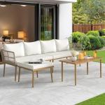 YITAHOME Patio Furniture Set, 6 Pieces Outdoor Rattan Woven Sectional Sofa Patio Loveseat with Ottoman and and Side Table, Conversation Set for Backyard, Porch, Boho - Beige