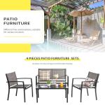 Shintenchi 4 Pieces Patio Furniture Set All Weather Textile Fabric Outdoor Conversation Set, with Glass Coffee Table, Loveseat, 2 Single Chairs for Home, Garden, Lawn, Porch（Light Brown）