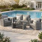 Wisteria Lane 4 Piece Patio Furniture Set, Wicker Outdoor Patio Conversation Furniture Set, All Weather Outdoor Patio Sofa with Cushion and Glass Table, Ash Gray