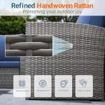 Wisteria Lane 4 Piece Patio Furniture Set, Wicker Outdoor Patio Conversation Furniture Set, All Weather Outdoor Patio Sofa with Cushion and Glass Table, Navy Blue