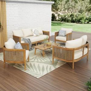 Merax 5-Piece Outdoor Acacia Wood Wicker Conversation Set with 3 Seater Sofa,Loveseat,2 Chairs and Coffetable for Backyard